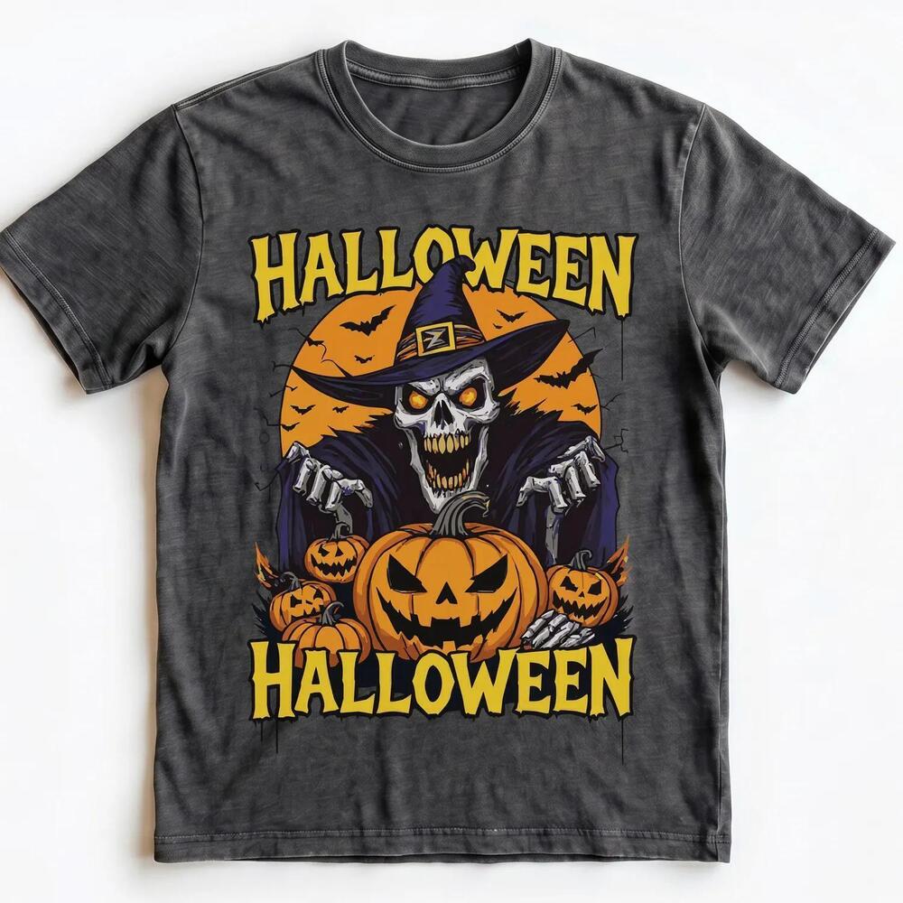 Halloween Skeleton Witch Pumpkin Shirt Spooky Graphic Tee Gothic Fall T-Shirt